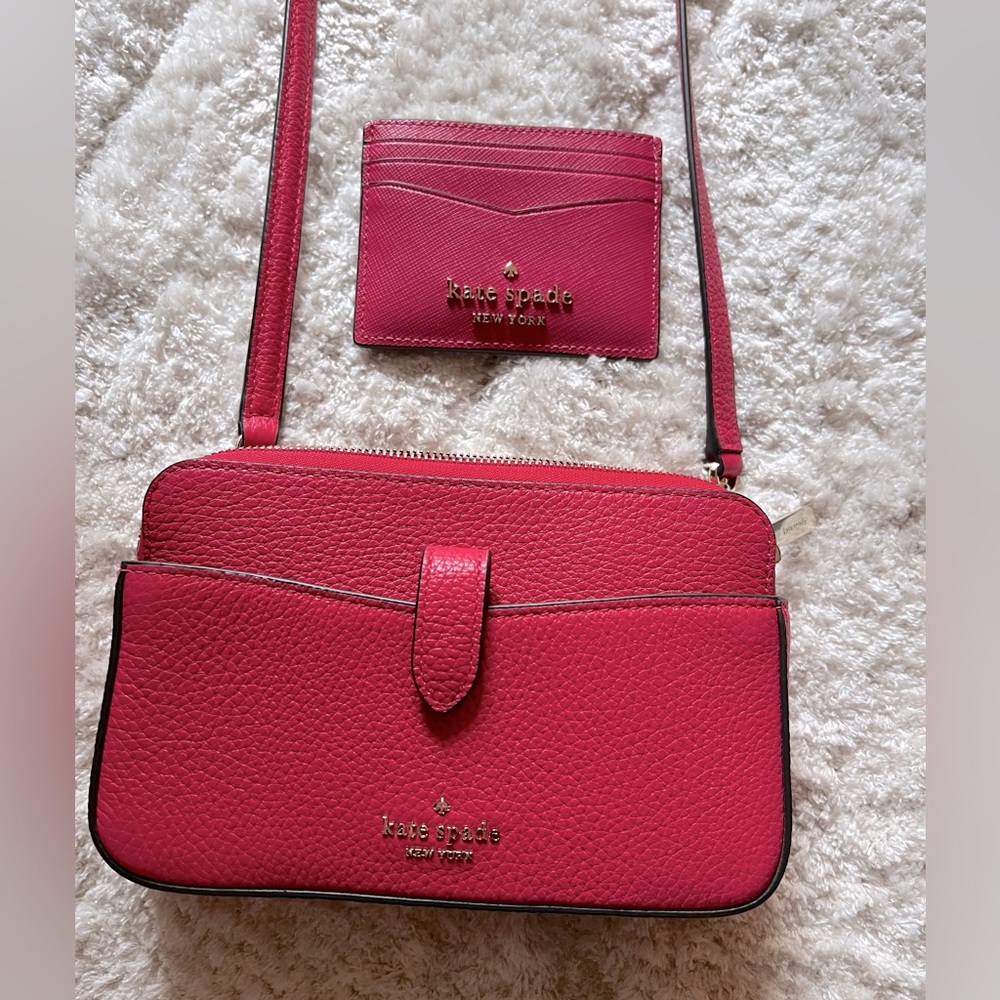 Kate Spade red single strap purse with matching credit card holder